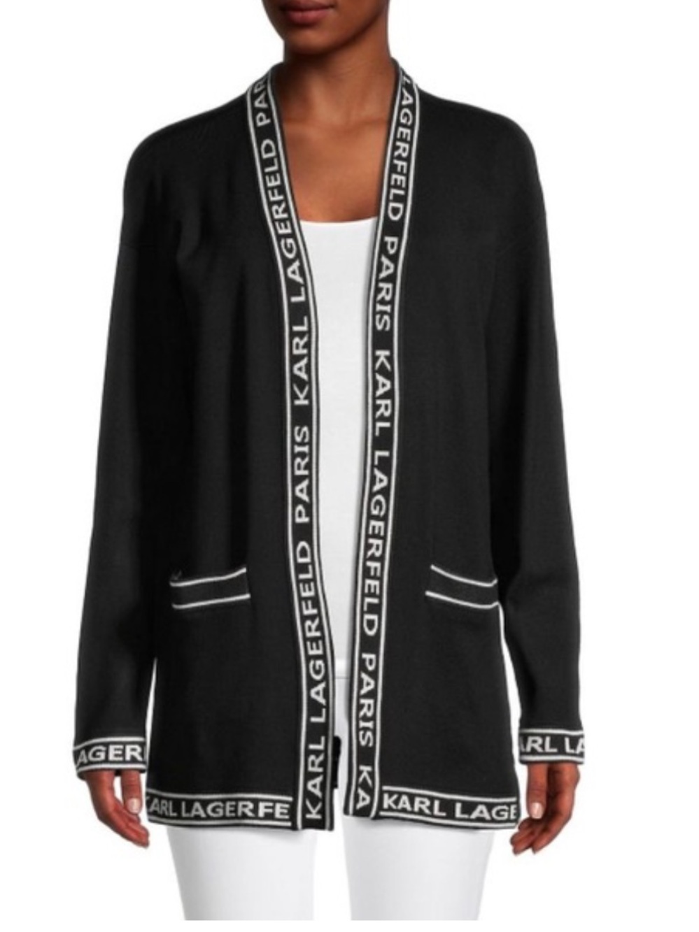 Karl Lagerfeld Black Cardigan with White Branded Trim